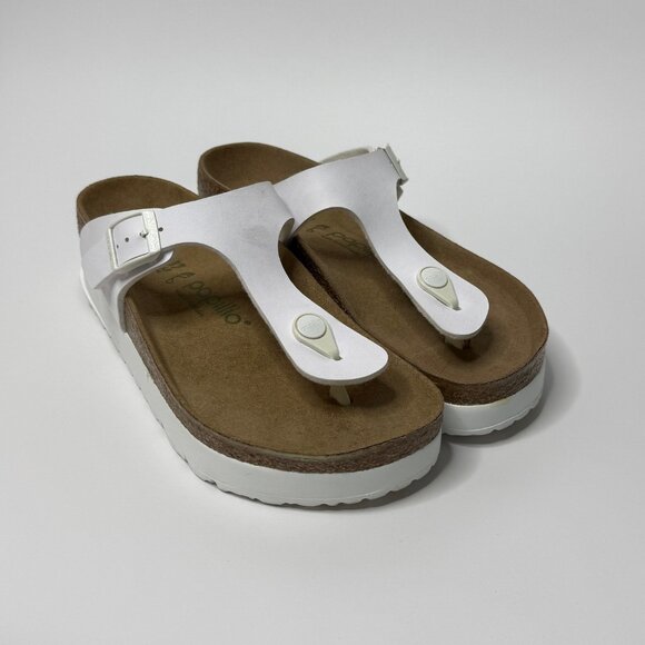 🤍 Birkenstock White Papillio Gizeh Platform Leather Slides Sandals | Size 6.5 - Picture 1 of 6